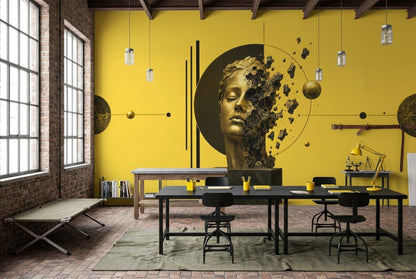 Fragmented Golden Face Wall Mural on Vivid Yellow