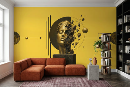 Fragmented Golden Face Wall Mural on Vivid Yellow