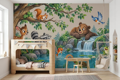 Playful Animal Pond Wall Mural with Cascading Waterfall