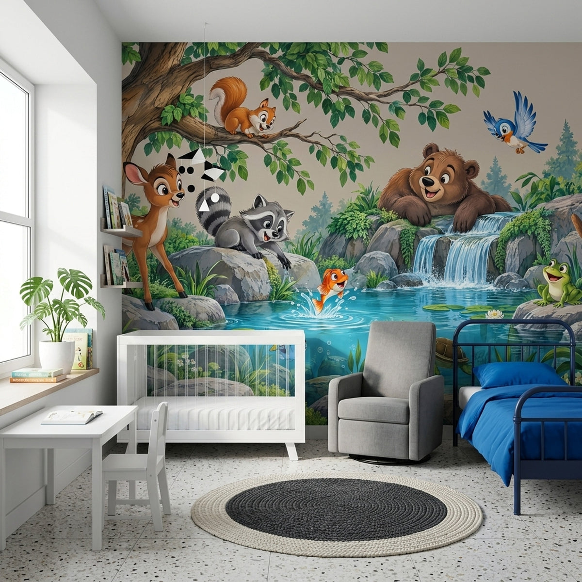 Playful Animal Pond Wall Mural with Cascading Waterfall