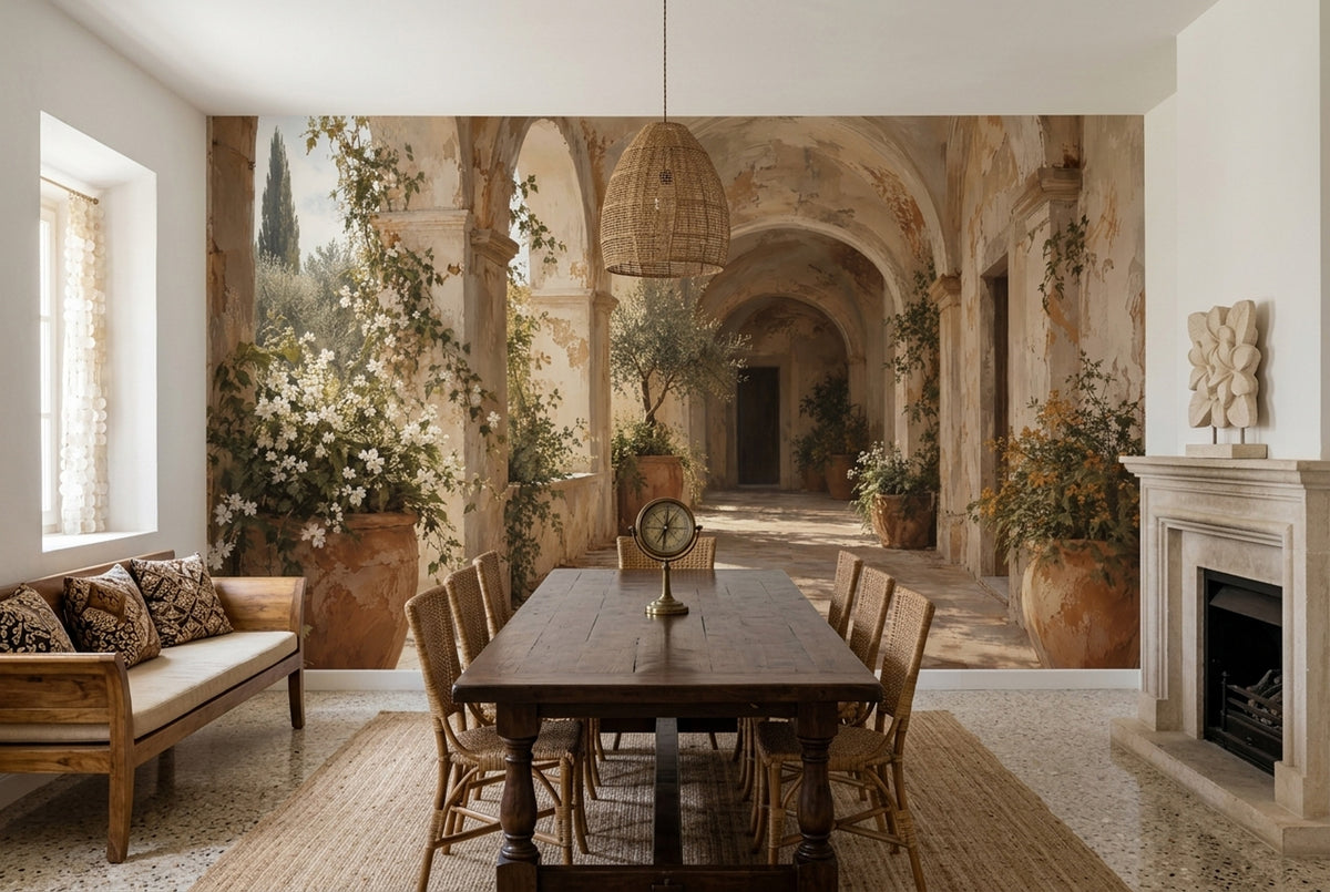 Tuscan Villa Wall Mural with Sunlit Arches and Terracotta Pots