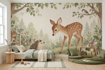 Baby Deer and Hedgehog Nursery Wall Mural with Storybook Animals