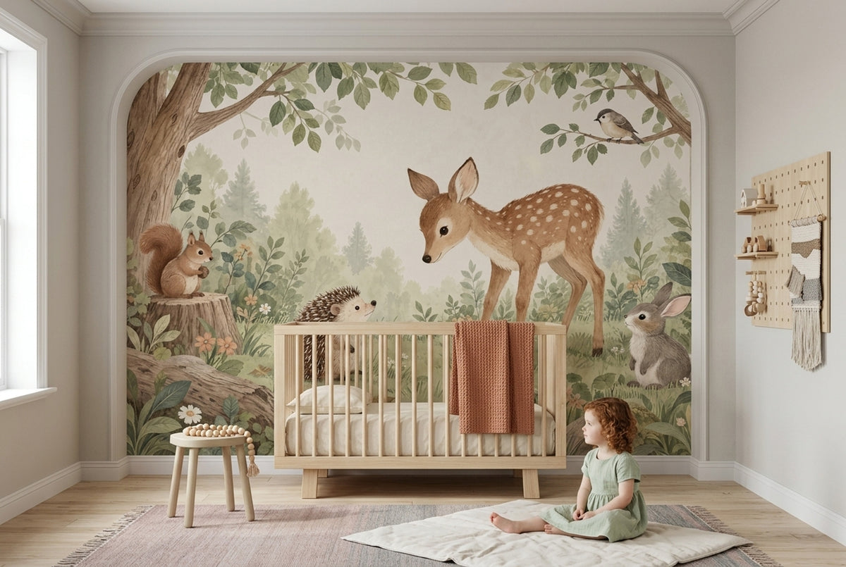 Baby Deer and Hedgehog Nursery Wall Mural with Storybook Animals