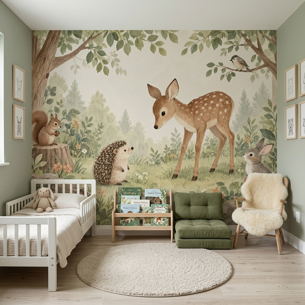 Baby Deer and Hedgehog Nursery Wall Mural with Storybook Animals