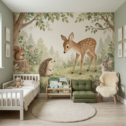 Baby Deer and Hedgehog Nursery Wall Mural with Storybook Animals