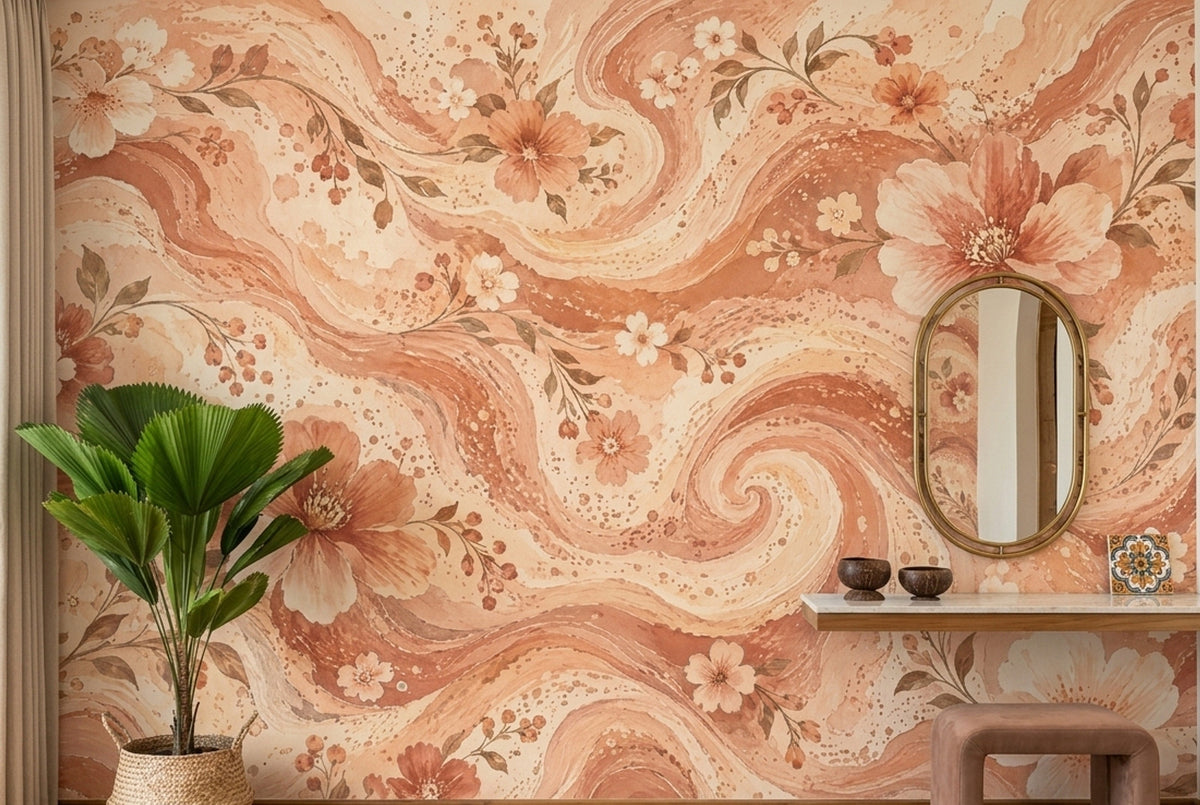 Watercolor Blossom Waves Wall Mural in Peach