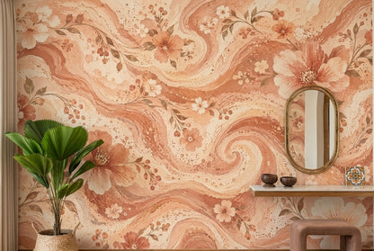 Watercolor Blossom Waves Wall Mural in Peach