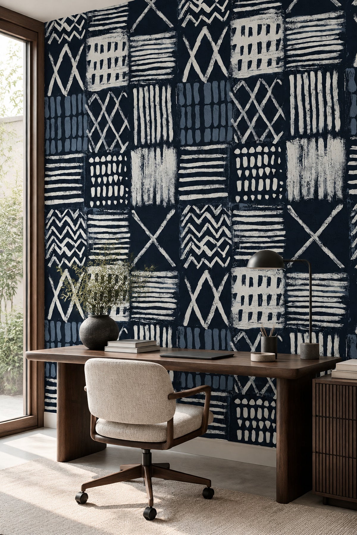 Geometric Block Print Wallpaper Navy Abstract Grid