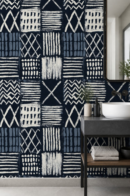 Geometric Block Print Wallpaper Navy Abstract Grid