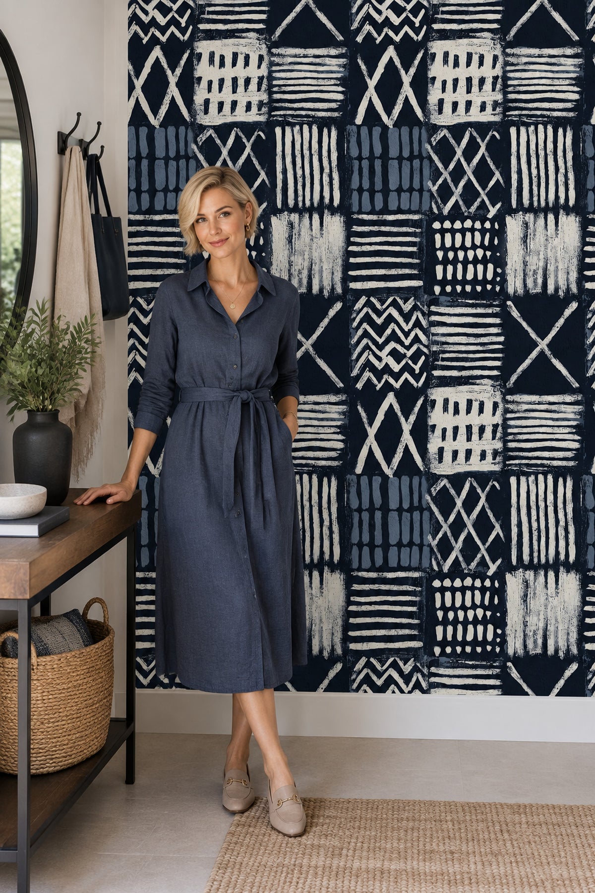 Geometric Block Print Wallpaper Navy Abstract Grid