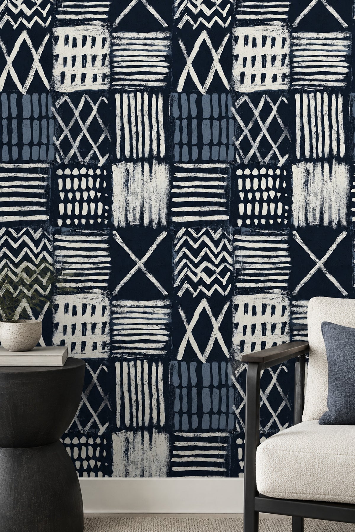 Geometric Block Print Wallpaper Navy Abstract Grid