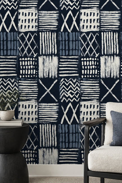 Geometric Block Print Wallpaper Navy Abstract Grid