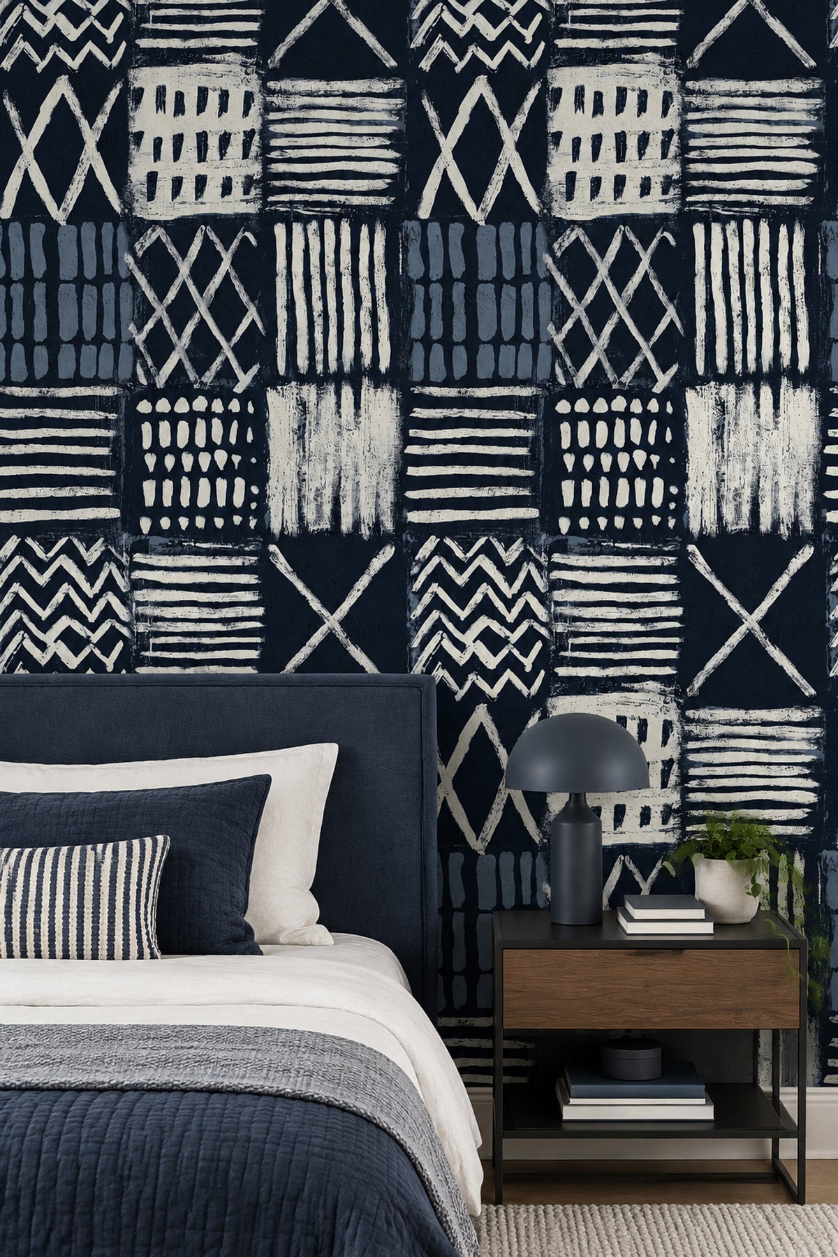 Geometric Block Print Wallpaper Navy Abstract Grid