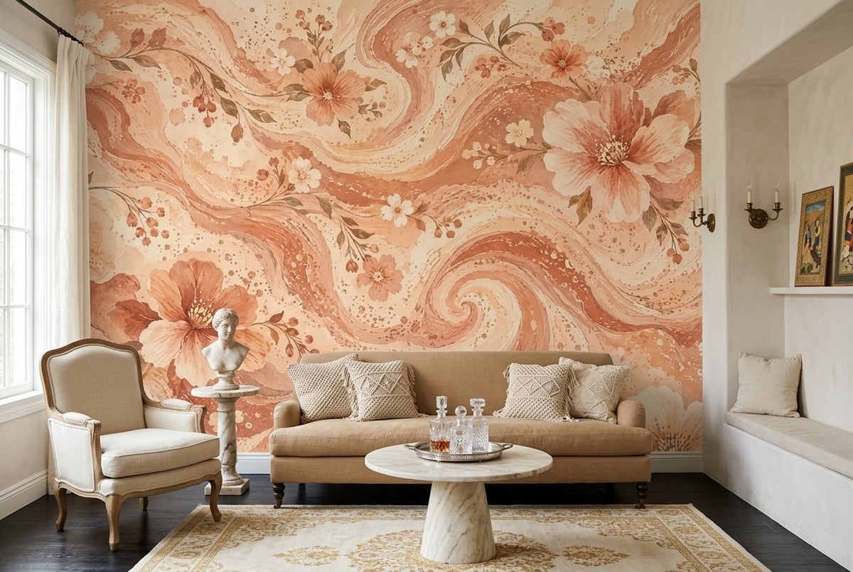 Watercolor Blossom Waves Wall Mural in Peach