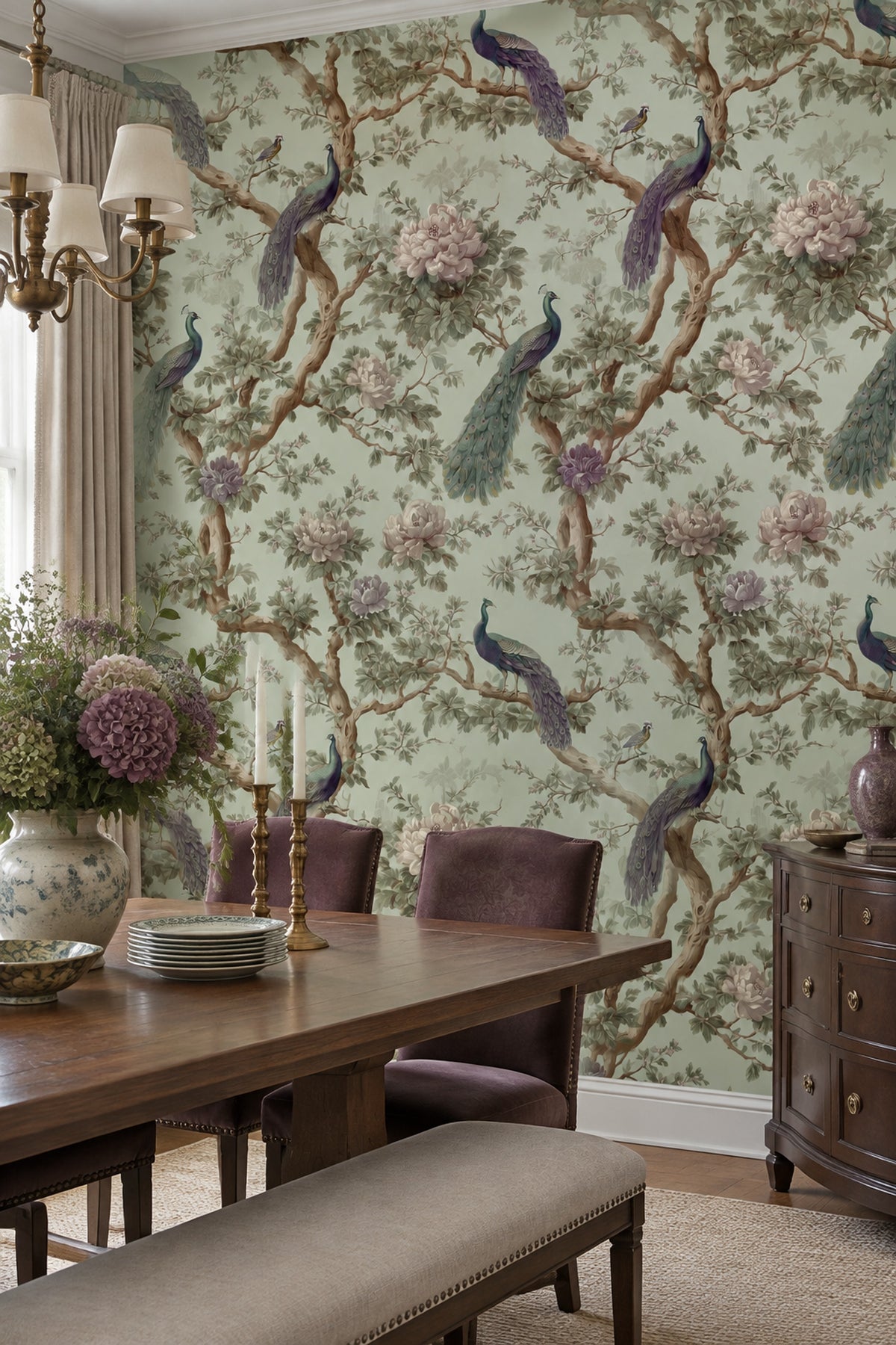 Peacocks And Peonies Wallpaper Sage Green Chinoiserie