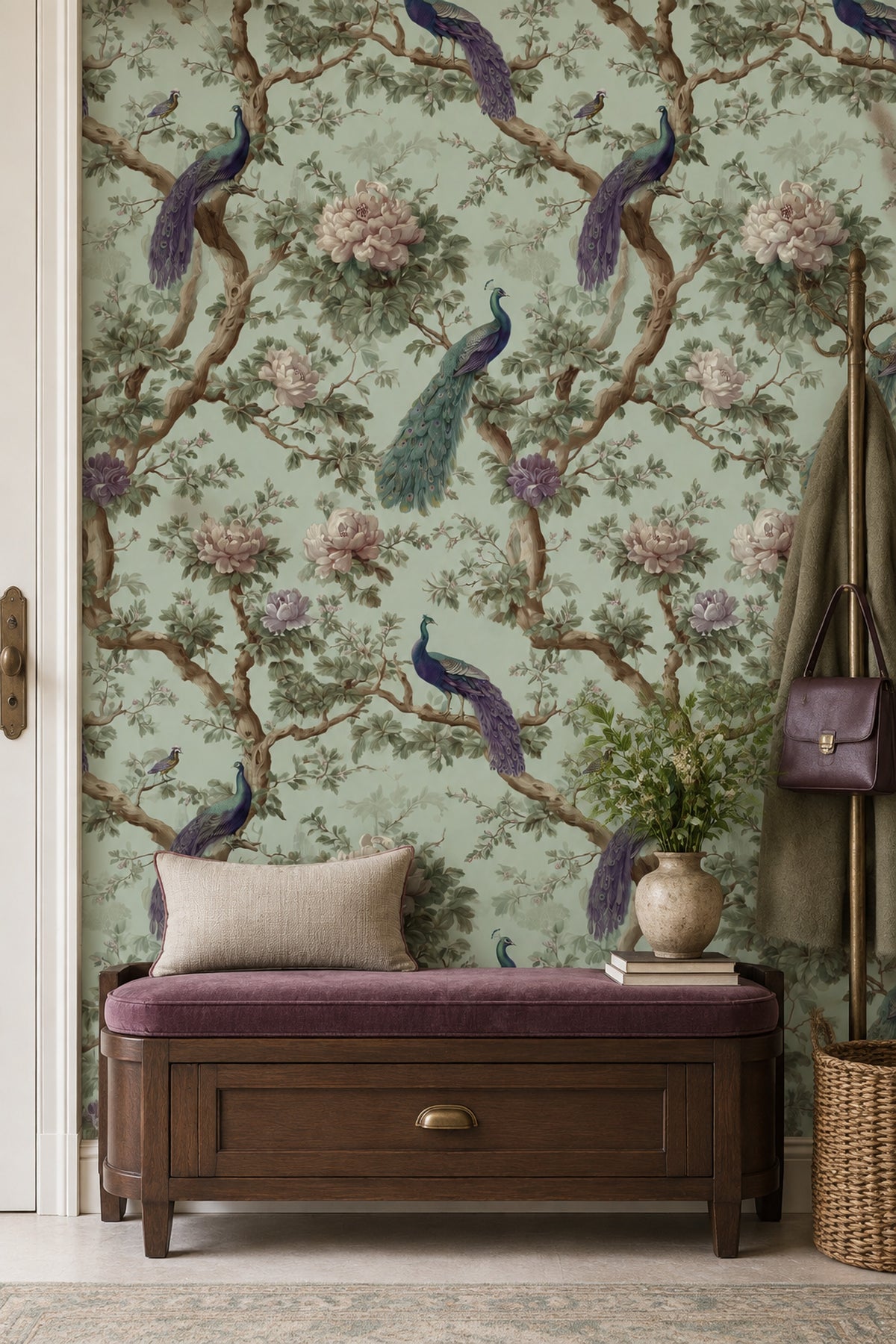 Peacocks And Peonies Wallpaper Sage Green Chinoiserie