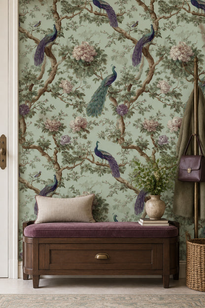 Peacocks And Peonies Wallpaper Sage Green Chinoiserie