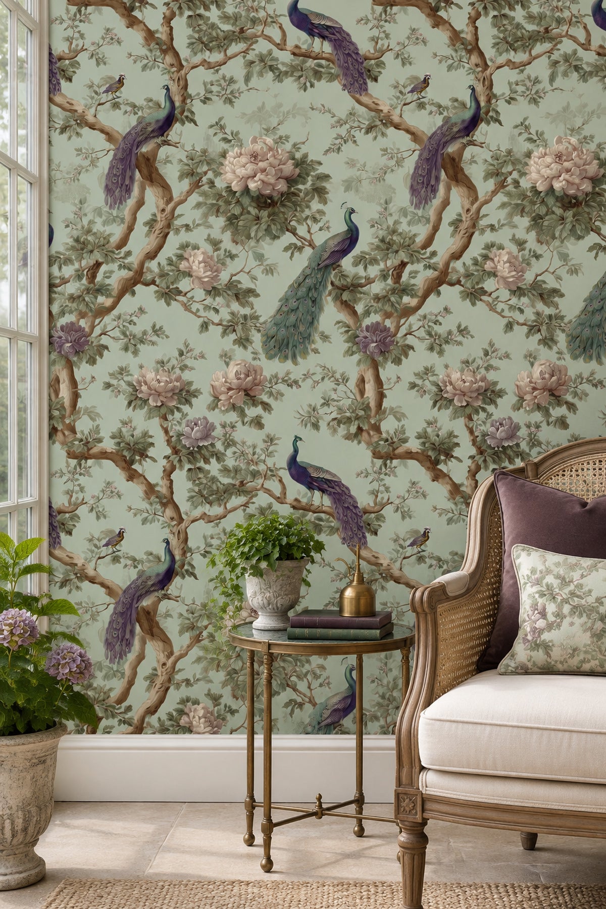 Peacocks And Peonies Wallpaper Sage Green Chinoiserie