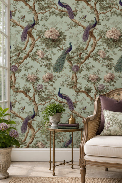 Peacocks And Peonies Wallpaper Sage Green Chinoiserie