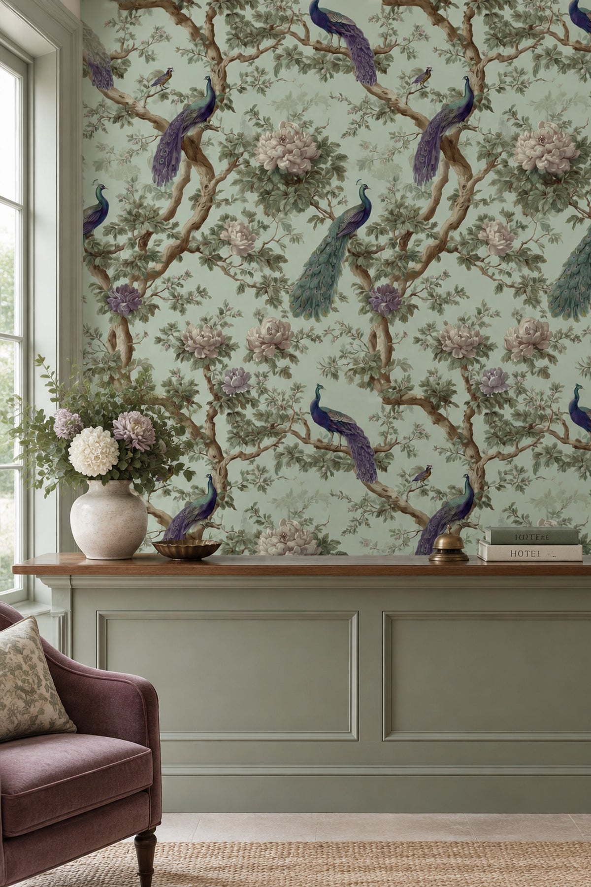 Peacocks And Peonies Wallpaper Sage Green Chinoiserie