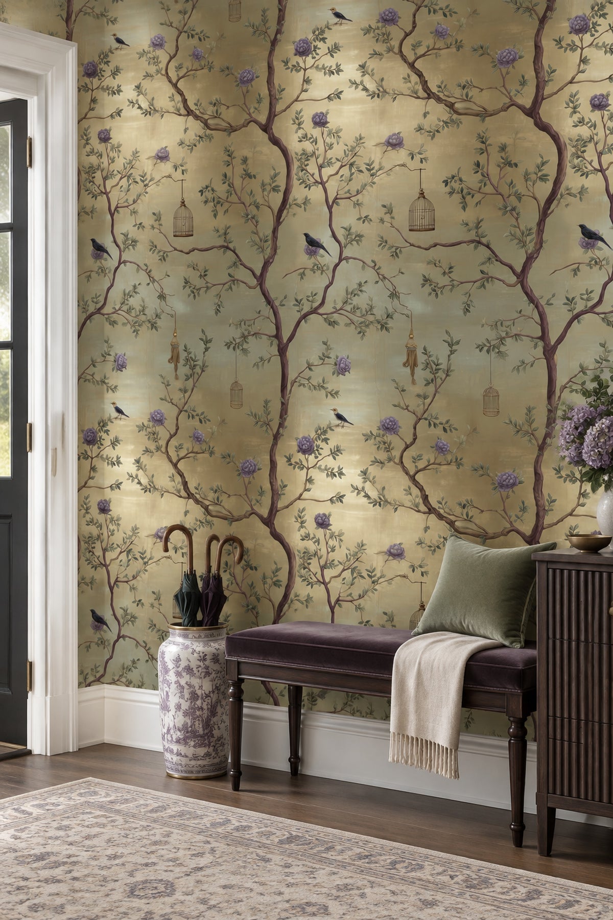 Birds And Hanging Birdcages Wallpaper Sage Green Botanical