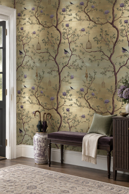 Birds And Hanging Birdcages Wallpaper Sage Green Botanical