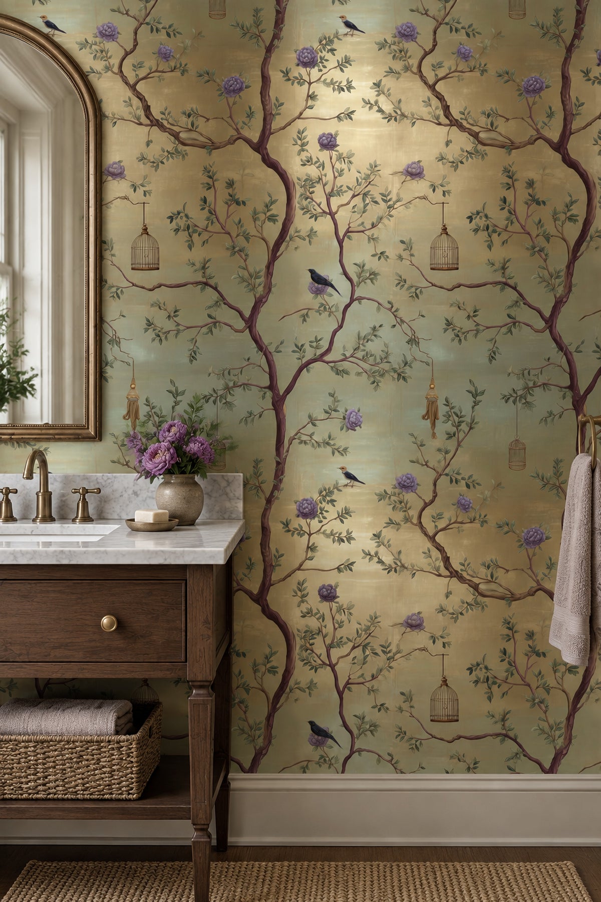 Birds And Hanging Birdcages Wallpaper Sage Green Botanical