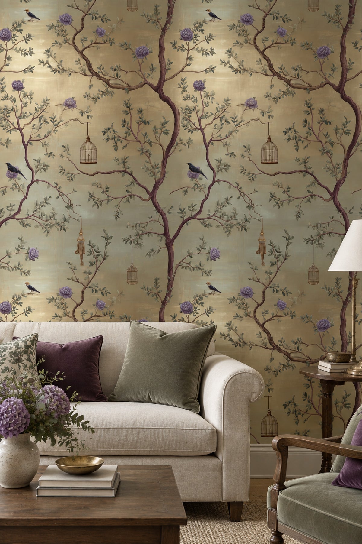 Birds And Hanging Birdcages Wallpaper Sage Green Botanical