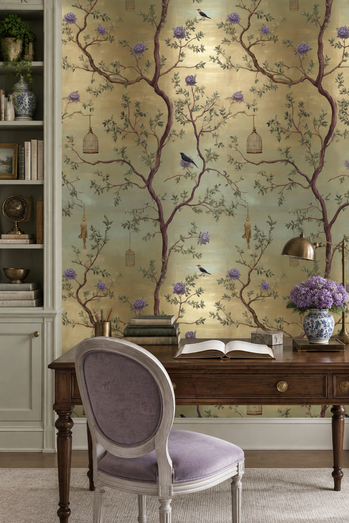 Birds And Hanging Birdcages Wallpaper Sage Green Botanical