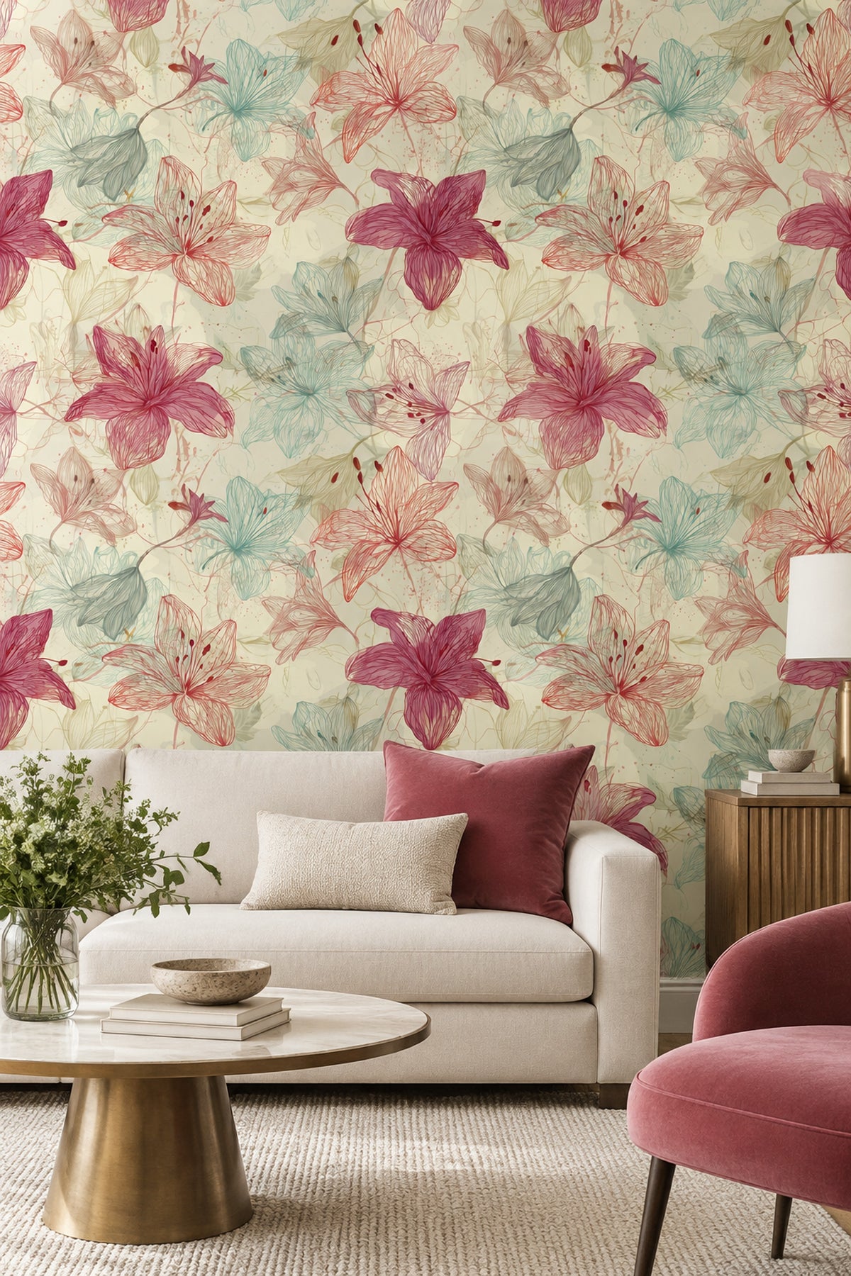 Line Drawn Lilies Wallpaper Cream Botanical