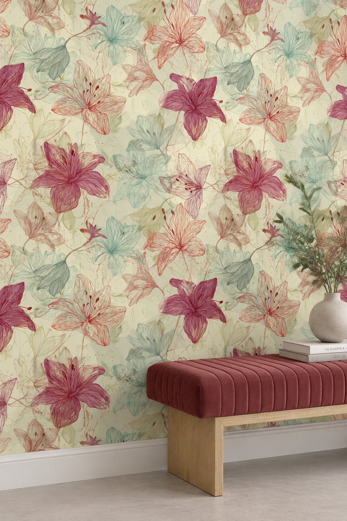 Line Drawn Lilies Wallpaper Cream Botanical