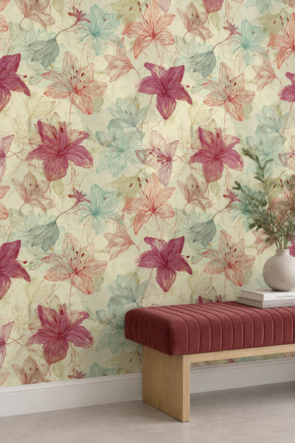Line Drawn Lilies Wallpaper Cream Botanical