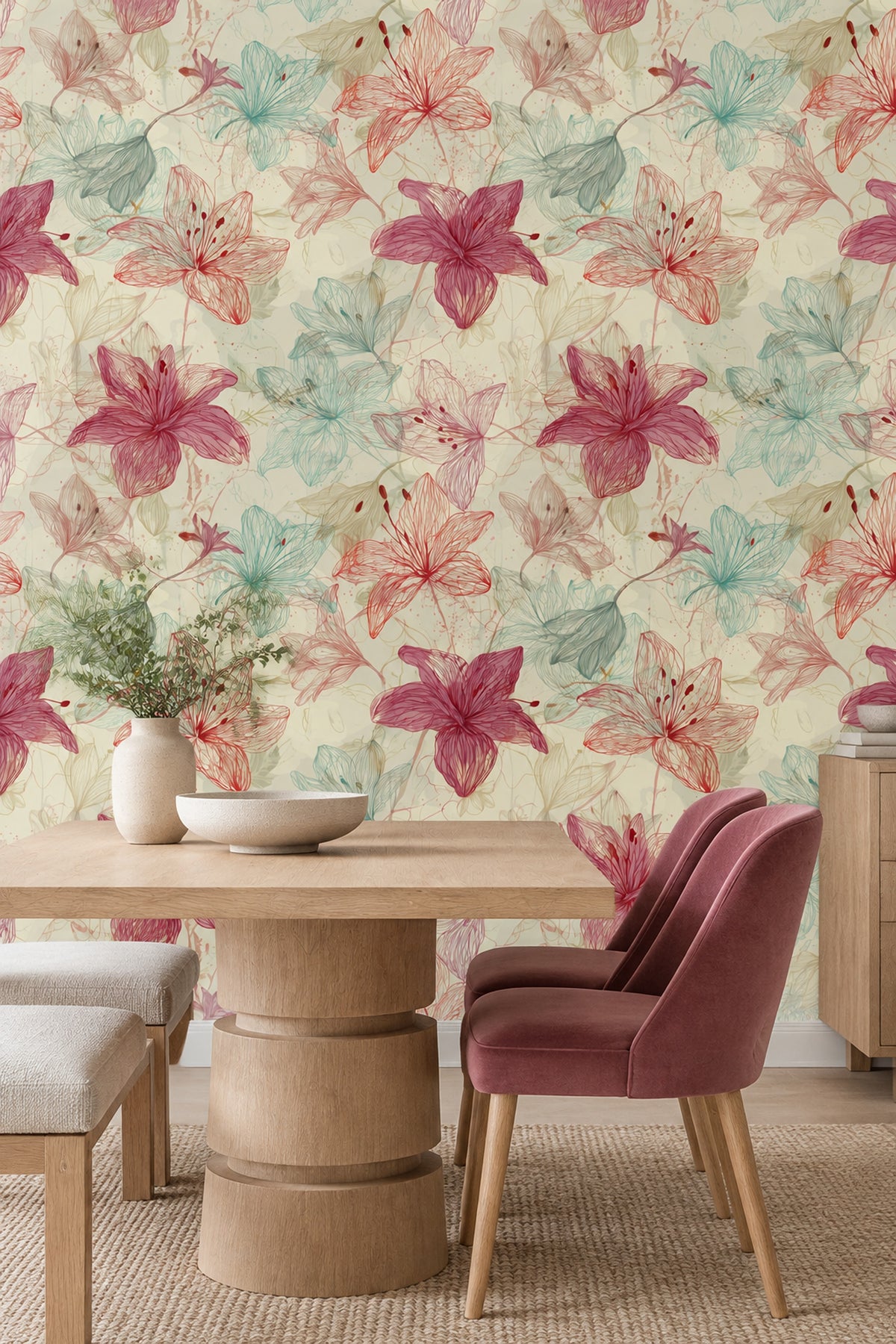 Line Drawn Lilies Wallpaper Cream Botanical