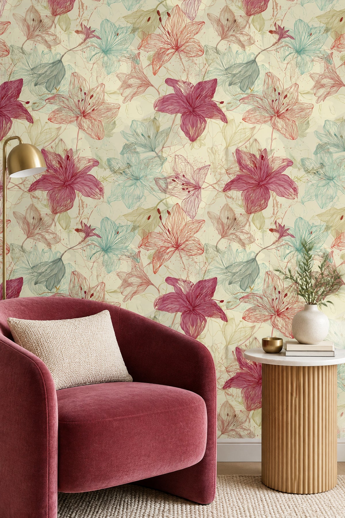 Line Drawn Lilies Wallpaper Cream Botanical