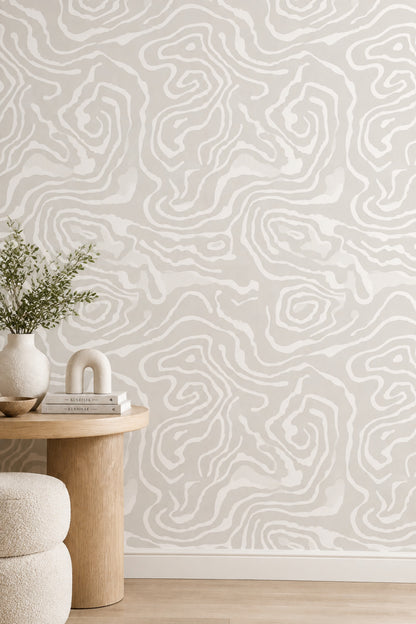 Topographic Contour Lines Wallpaper Neutral Ivory Light Gray Layers