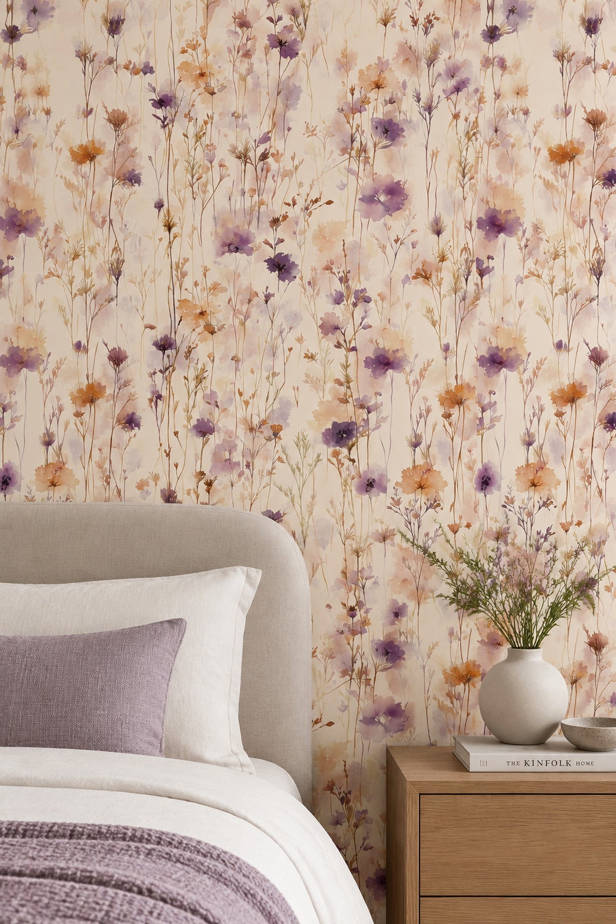 Lavender Wildflower Stems Wallpaper Watercolor Cream Ground
