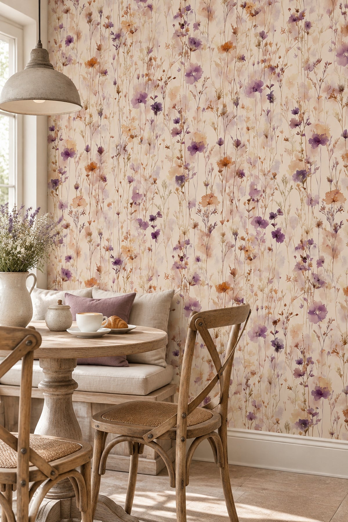 Lavender Wildflower Stems Wallpaper Watercolor Cream Ground