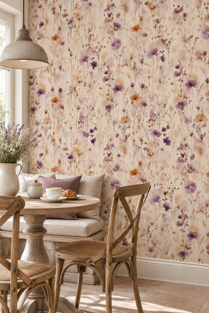 Lavender Wildflower Stems Wallpaper Watercolor Cream Ground