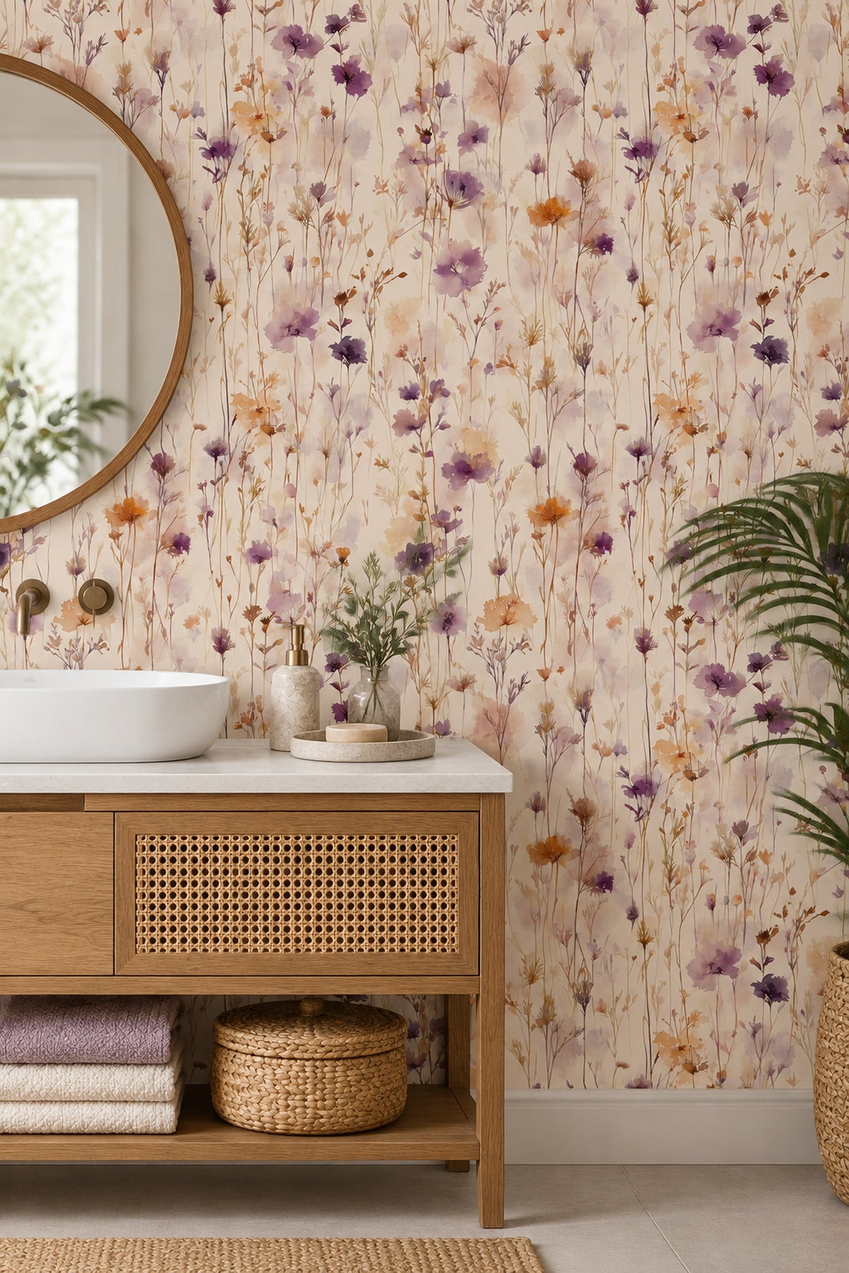 Lavender Wildflower Stems Wallpaper Watercolor Cream Ground