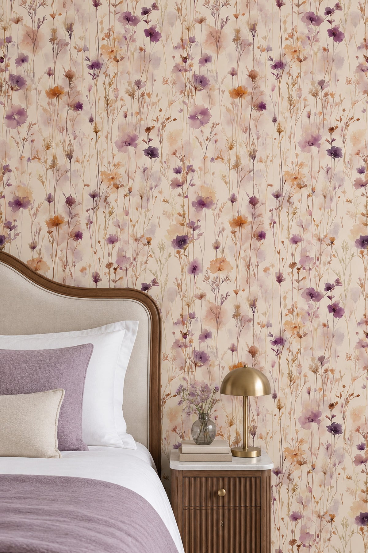 Lavender Wildflower Stems Wallpaper Watercolor Cream Ground