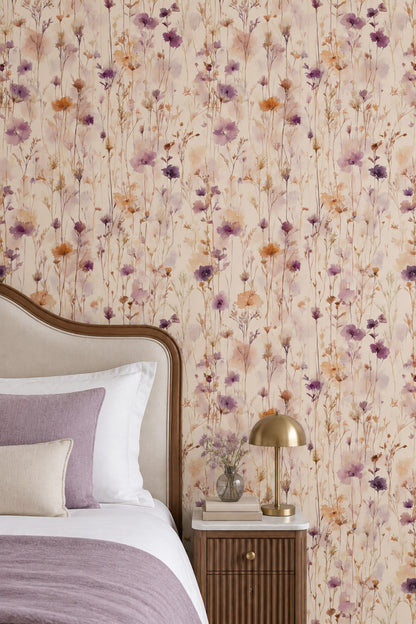 Lavender Wildflower Stems Wallpaper Watercolor Cream Ground