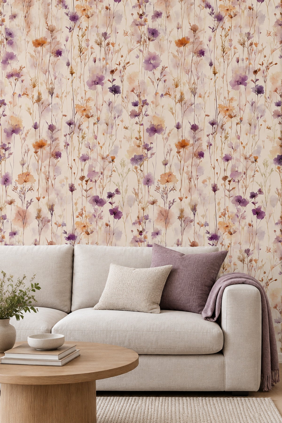 Lavender Wildflower Stems Wallpaper Watercolor Cream Ground