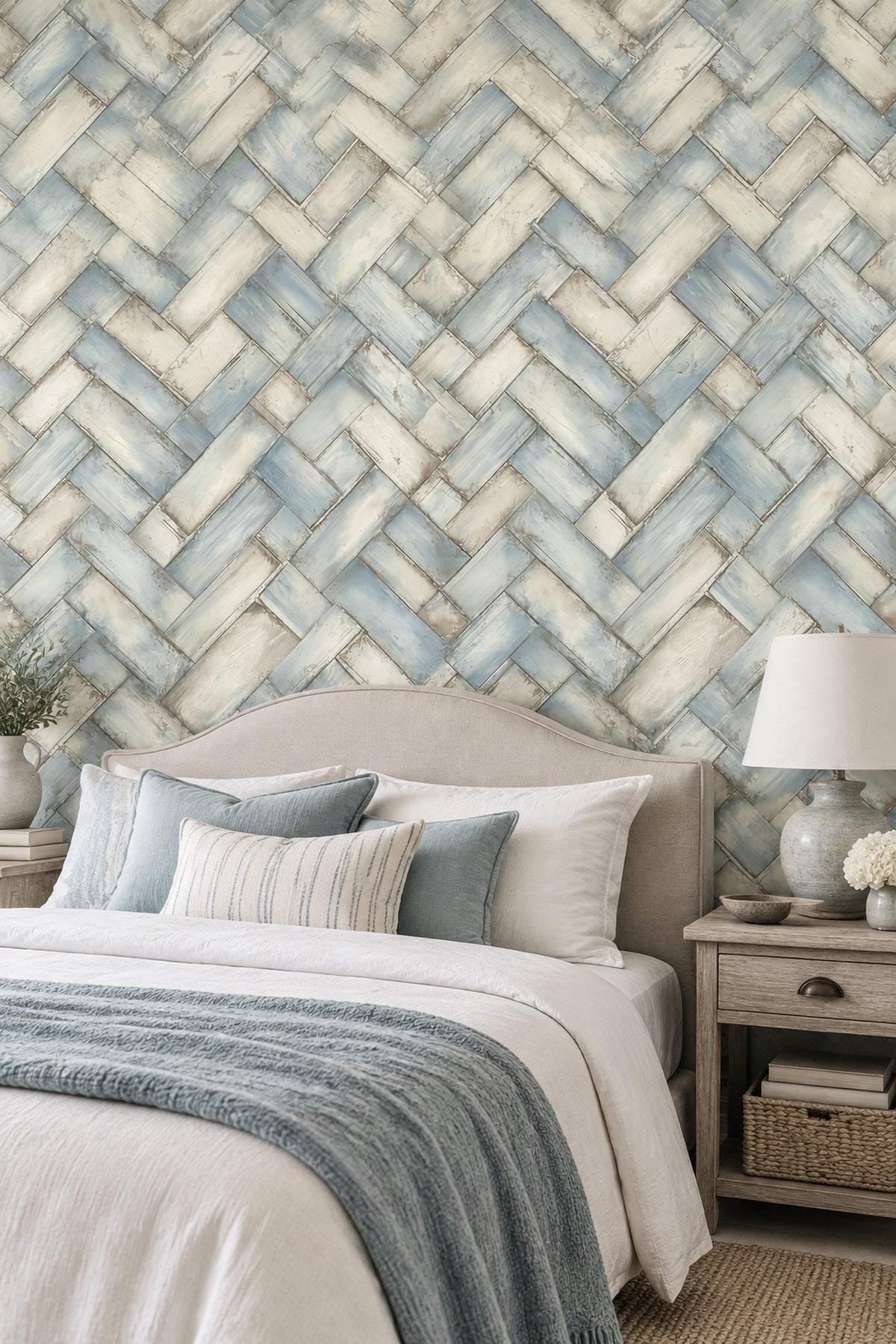 Weathered Wood Planks Wallpaper Pale Blue Herringbone