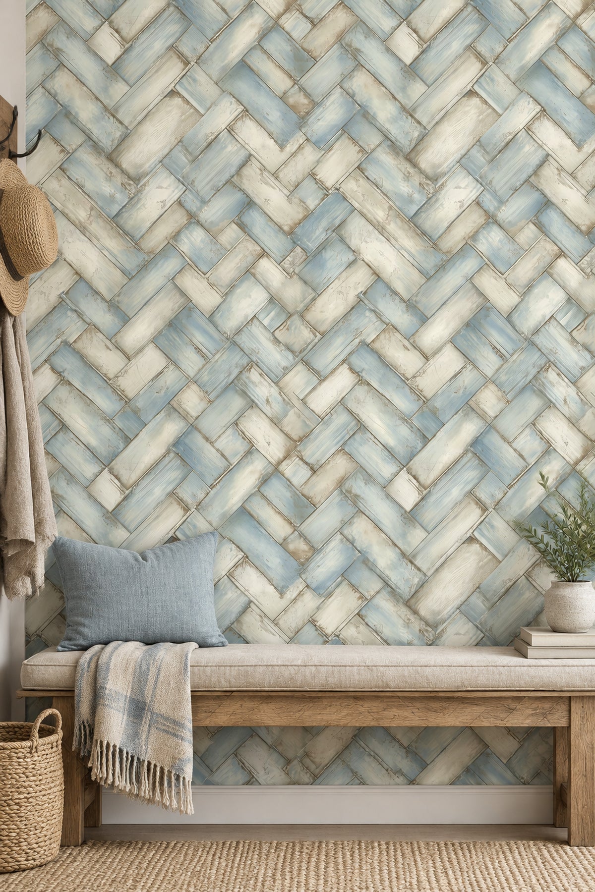 Weathered Wood Planks Wallpaper Pale Blue Herringbone