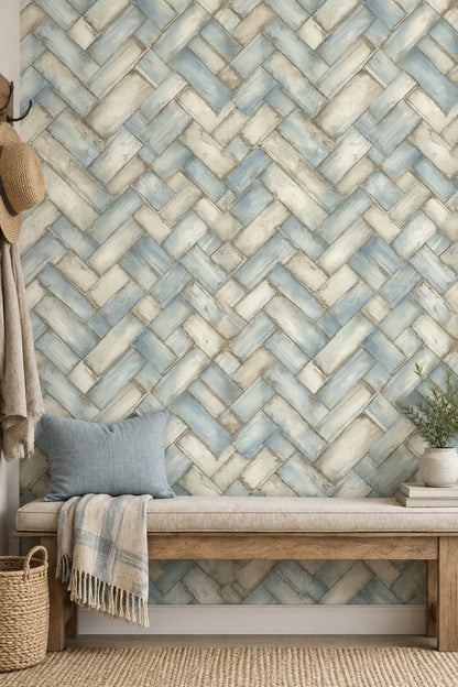 Weathered Wood Planks Wallpaper Pale Blue Herringbone