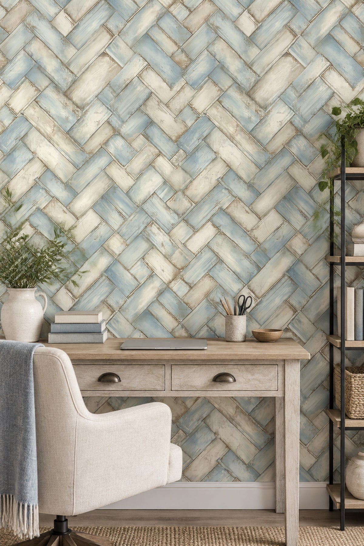 Weathered Wood Planks Wallpaper Pale Blue Herringbone