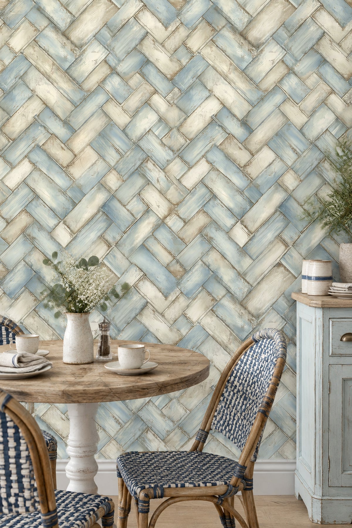 Weathered Wood Planks Wallpaper Pale Blue Herringbone