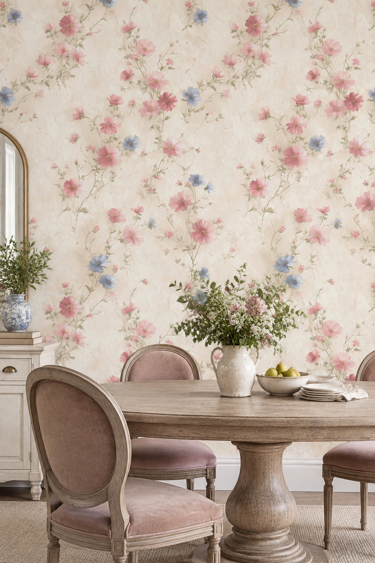 Pink And Blue Flowers Wallpaper Trailing Vine Cream