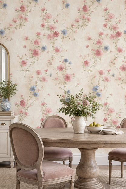 Pink And Blue Flowers Wallpaper Trailing Vine Cream