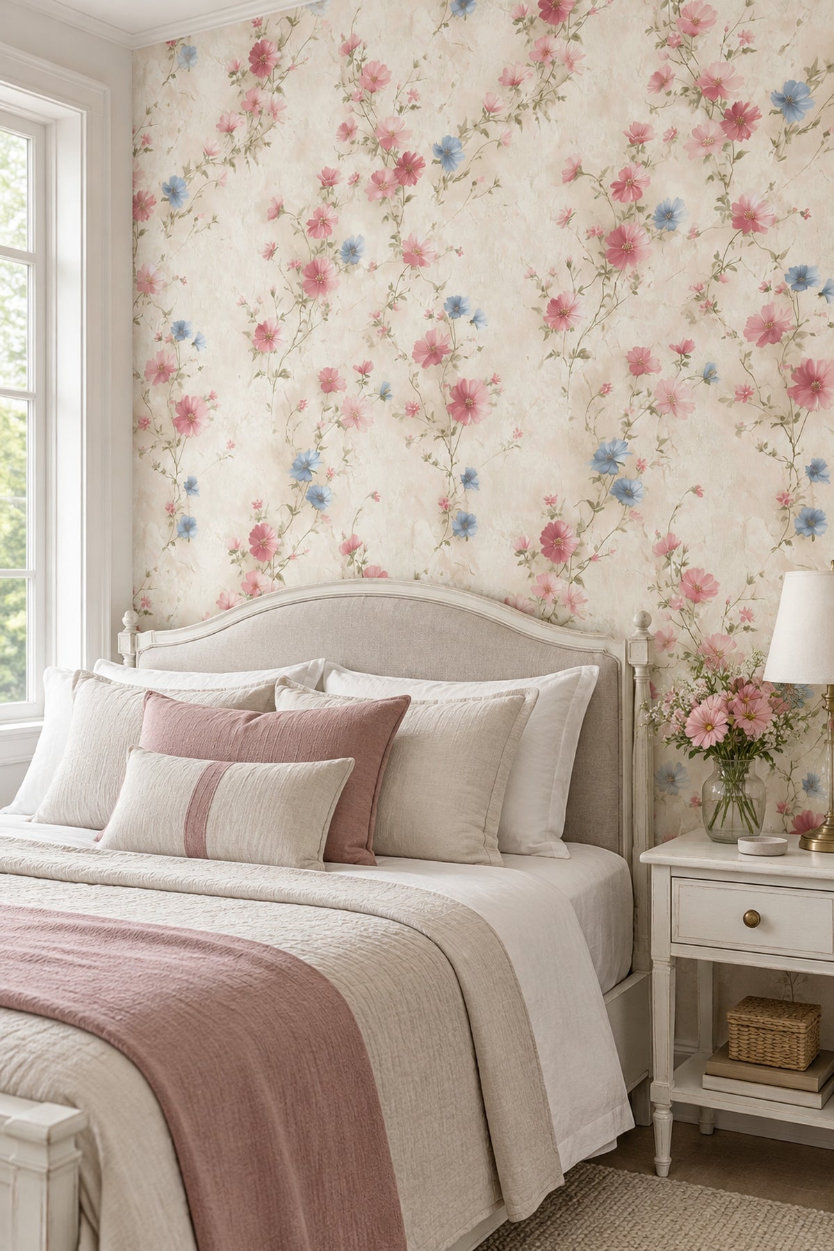 Pink And Blue Flowers Wallpaper Trailing Vine Cream